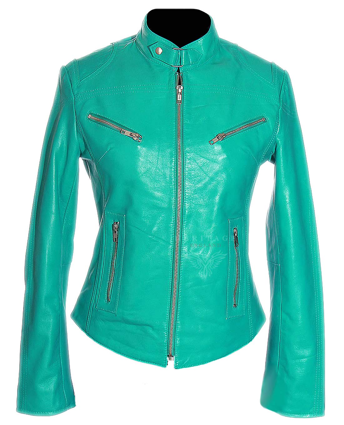 H.E Sienna Turquoise Ladies Women's Biker Style Retro Designer Real Washed Lambskin Leather Fashion Jacket (Sizes: 8 to 22 Available) (Size: 12)