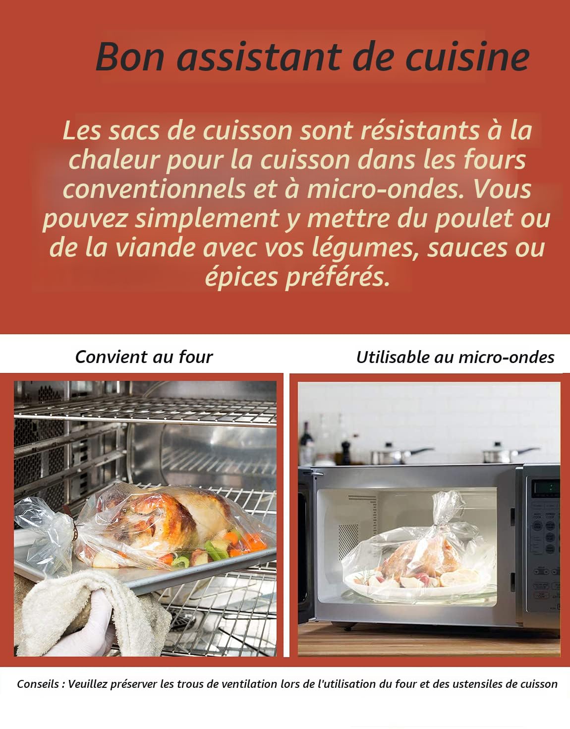 16 Sacs De Cuisson Four Et Micro-ondes 43x55cm - Pour Viande, Poisson, Volaille, Sans BPA, Résistants Jusqu'à 400°F
