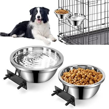 Dog Crate Water Bowl, No Spill Large Stainless Steel Kennel Dog Bowl | 47oz & 56oz Water Food Bowls Set, Hanging Design for Crate Cage Accessories, Metal Pet Feeder Dish for Large Medium Dogs