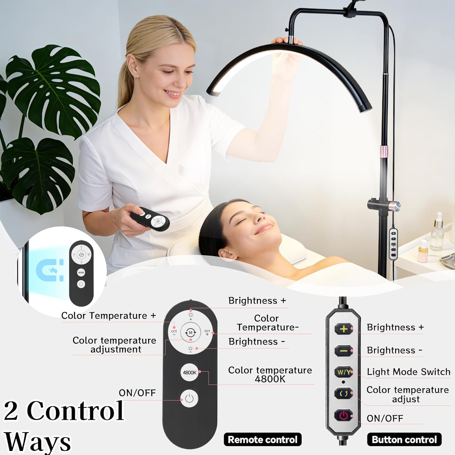 Half Moon Light for Lash Tech: Floor Lash Light for Eyelash Tech with 4X Magnifier&Phone Holder, Adjustable Brightness, 5CCT - LED Esthetician Lights for Tattoo Artists, Nail Art,Skincare,Salon SPA