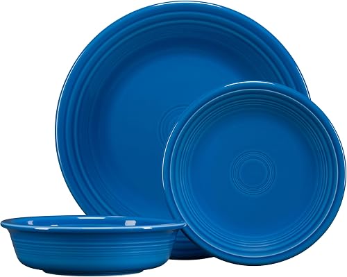 Fiesta Classic Rim 3-Piece Dinnerware Set Lapis - Lead-Free Ceramic Dinner Plate, Salad Plate and Bowl, Made in USA
