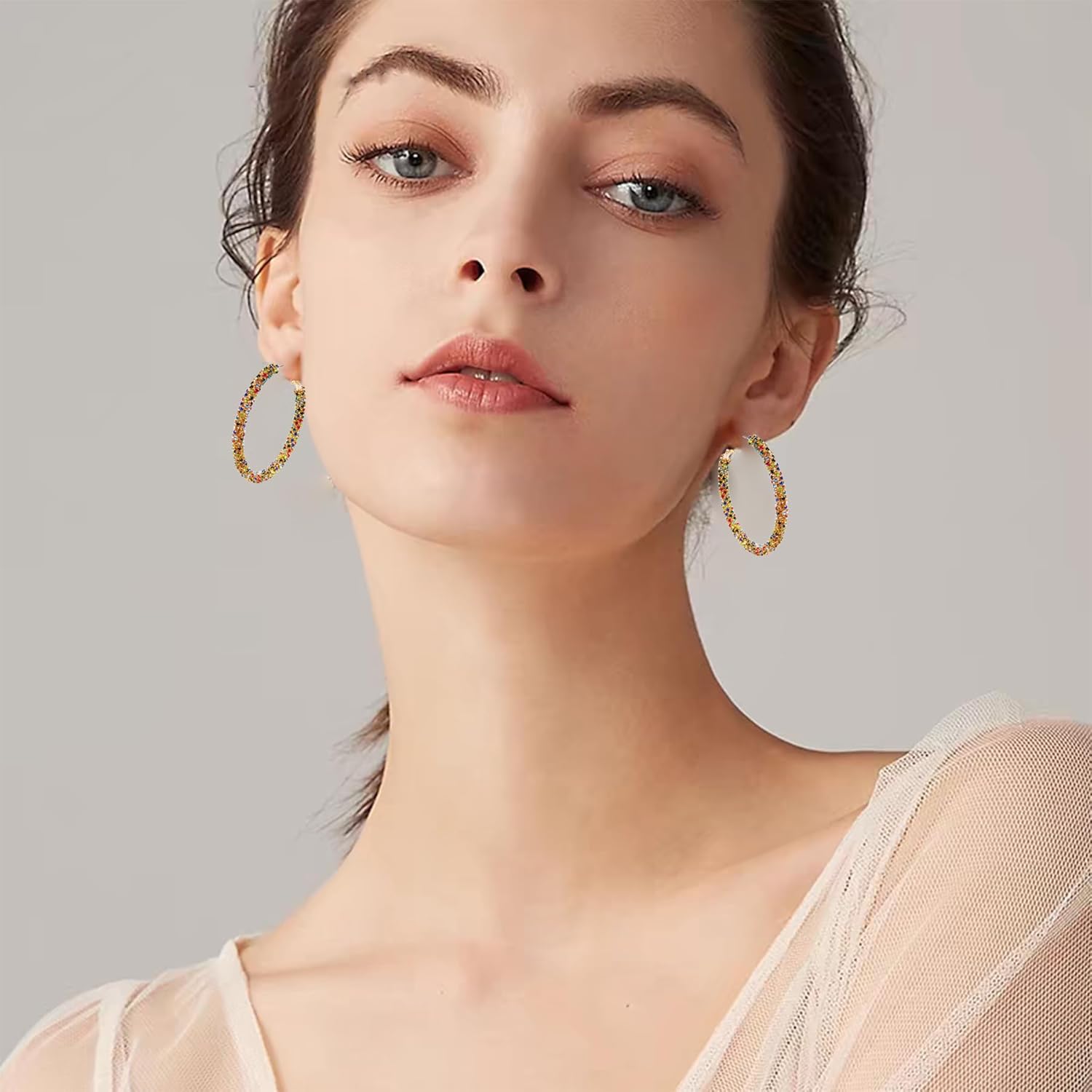 Multcolors Cubic Zirconia Hoop Earrings For Women Statement Oval Rhinestone Hoop Earrings 14K Gold Plated Chunky Hoop Earrings Dainty Lightweight Big Earrings Trendy Jewelry (55MM/45MM) - Image 7