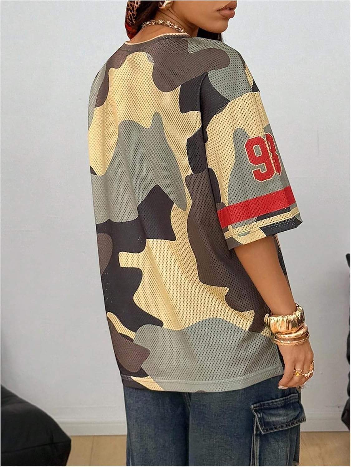 OYOANGLE Women's Oversized Jersey Y2K Number Print Graphic Mesh V Neck Drop Shoulder Short Sleeve Football Jerseys Tops - Image 2