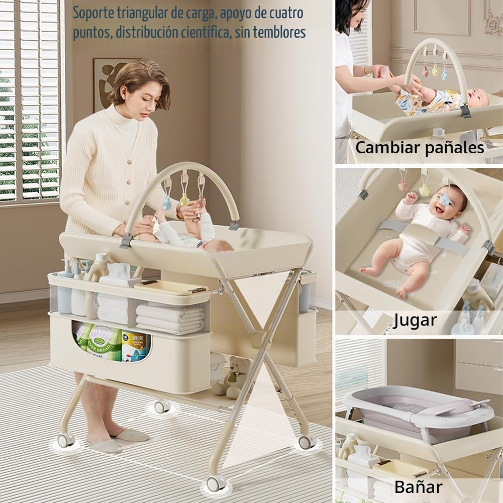 Mueble Cambiador Bebe Plegable,Cambiador de Pañales con Ruedas y Compartimentos de Almacenamiento,Ajuste de Altura,para Cambiar Pañales y Ropa,Verde