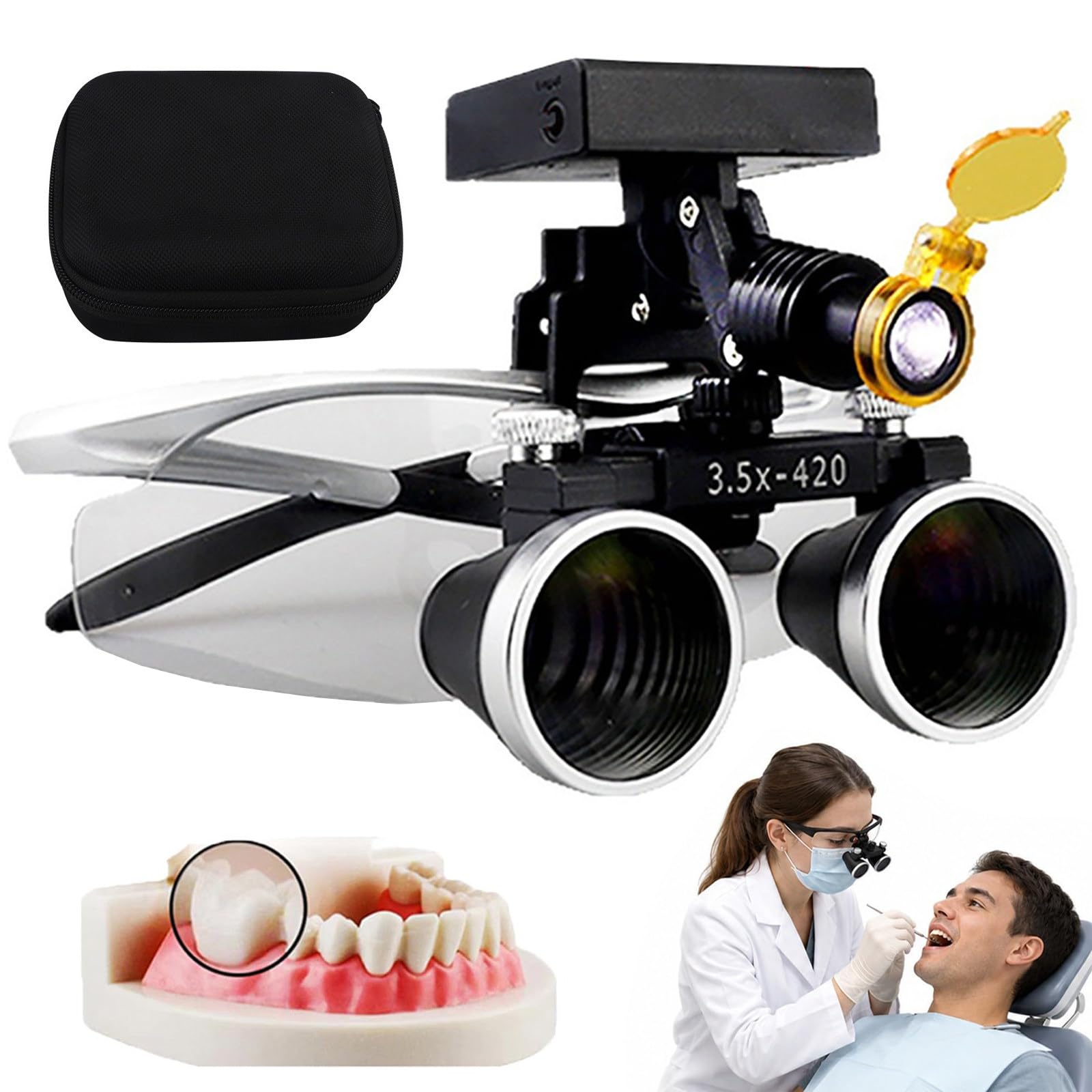 Lupa Binocular Dental, Lupa De Laboratorio De 2,5X/3,5X, con Linterna Frontal Led Estéreo De 5W, Distancia De Trabajo De 320-420mm, 4 Niveles De Brillo Ajustable Silver-3.5X