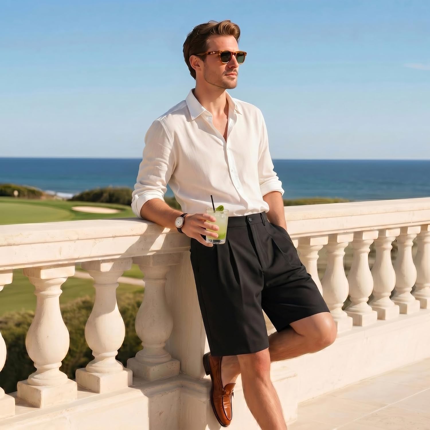 Heyfanee Mens Baggy Pleated Dress Shorts Elastic Waist 9 in
