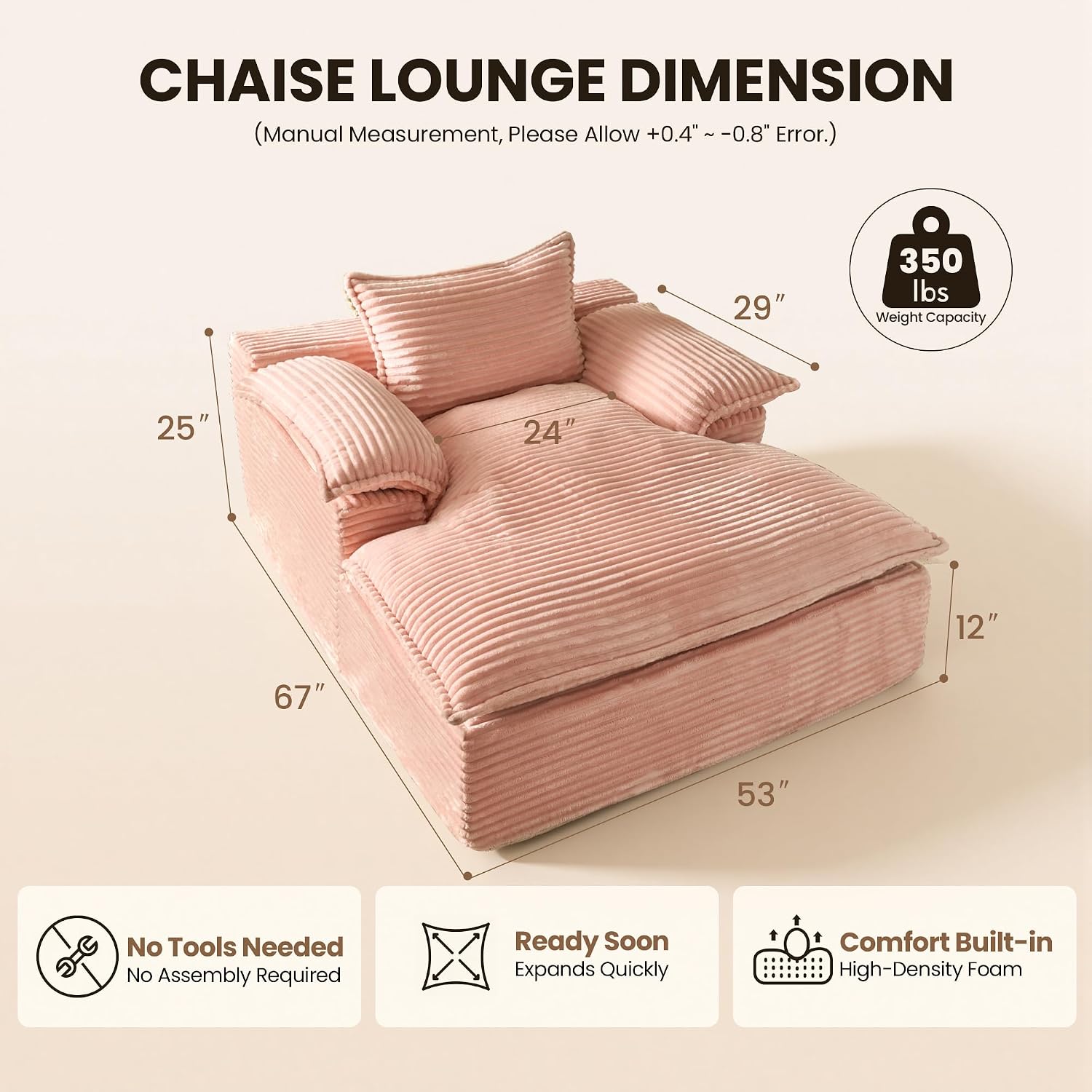 Chaise Lounge Chair Indoor, Oversized Sleeping Couch 67"L *53"W Assembly Free Modern Minimalist Sofa With Comfy Curved Armrest, Extra Deep Large Single Sofa for Living Room(Pink Plush Fabric)