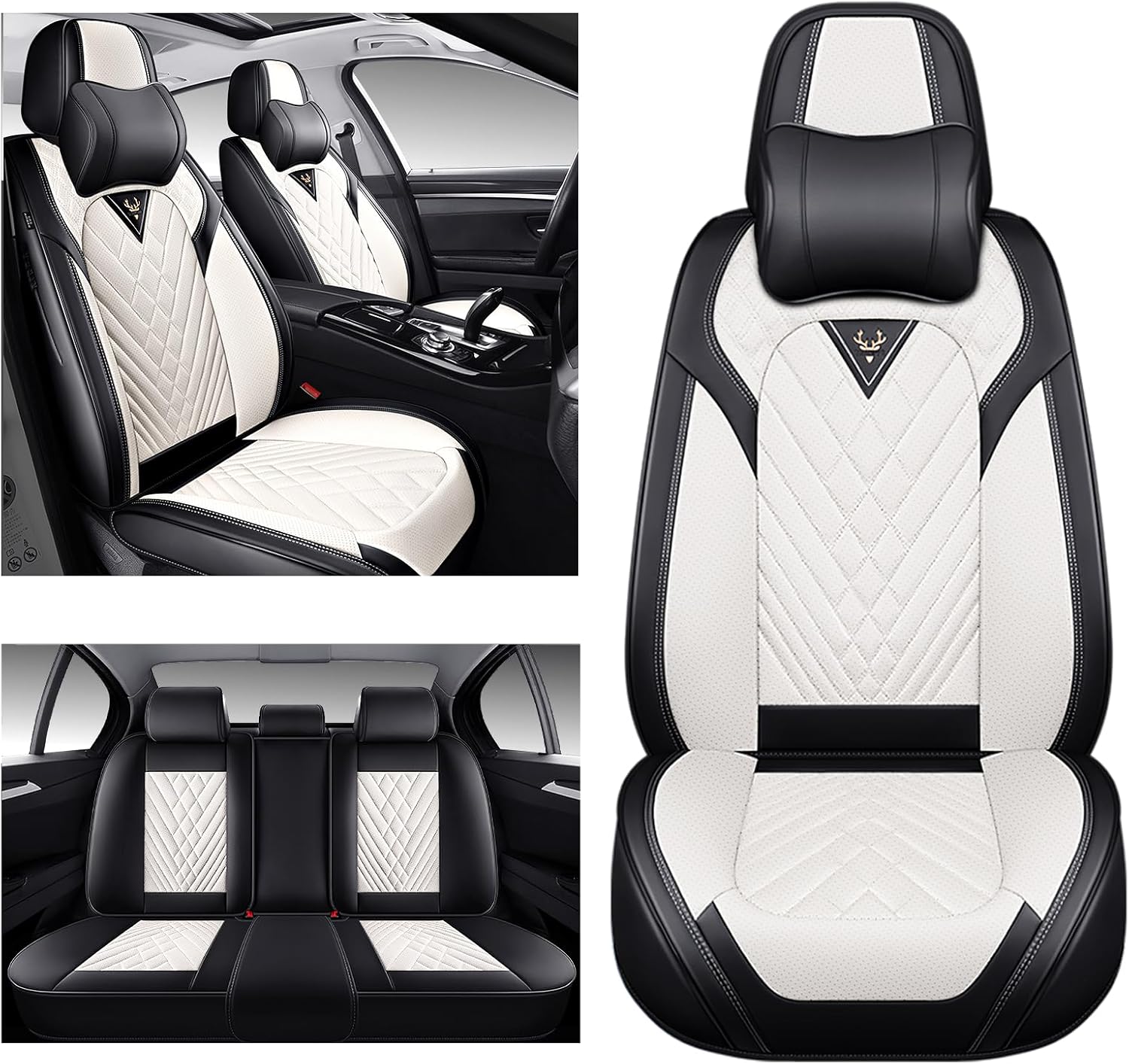 Car Seat Covers,Waterproof PU Leather Automotive Seat Covers Full Set for Cars SUV Truck Sedan,Universal Anti-Slip Seat Protector Breathable Seat Cover (5 Seat-Headrest,Creamy White)