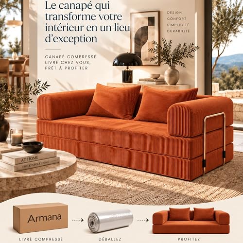 GEDTECH Divano 3 posti convertibile Lila in velluto a coste Ocre, modulabile, confortevole, struttura in metallo, convertibile, multifunzione, moderno e personalizzabile - 8