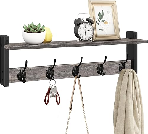 Miniatura 12 de Homode Perchero de pared con estante, colgador de entrada de madera con ganchos, pequeñas clavijas flotantes para colgar abrigos, sombreros, bolsos