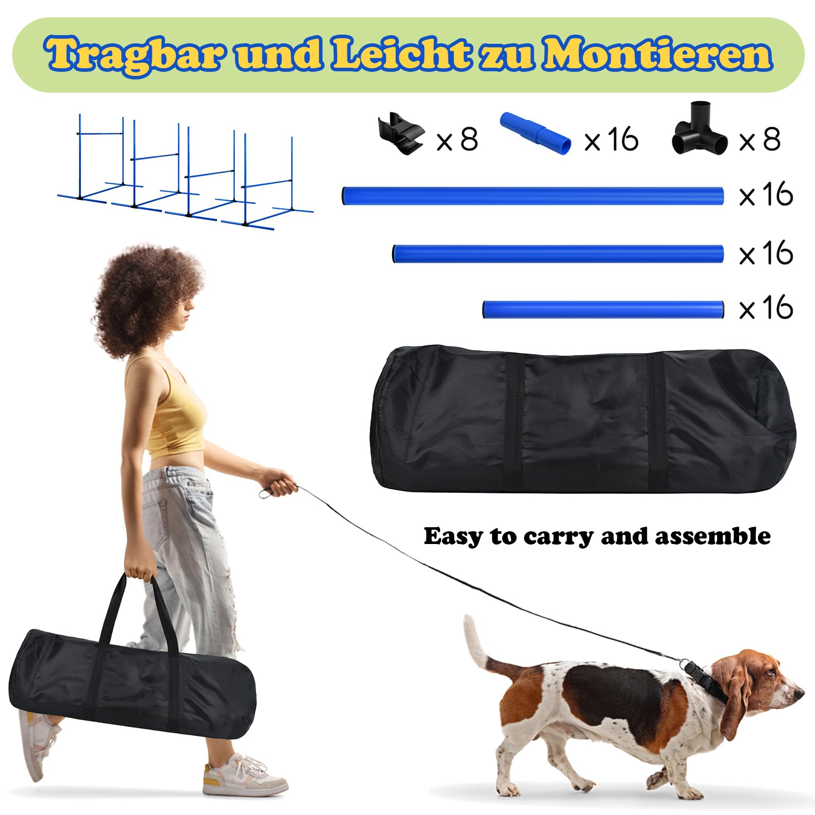 LZQ Agility - Juego de herramientas para perros, juego de obstáculos para agilidad (incluye 4 obstáculos de altura ajustable, juego de entrenamiento para mascotas, barras, barras de slalom con bolsa