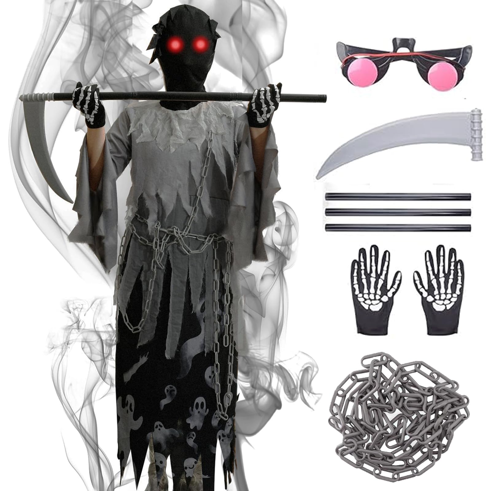 Costume Halloween Bambini Mietitore, Completo Con Maschera Scheletro, Guanti, Falce E Catena - Fosforescente, Taglie 6-10 Anni