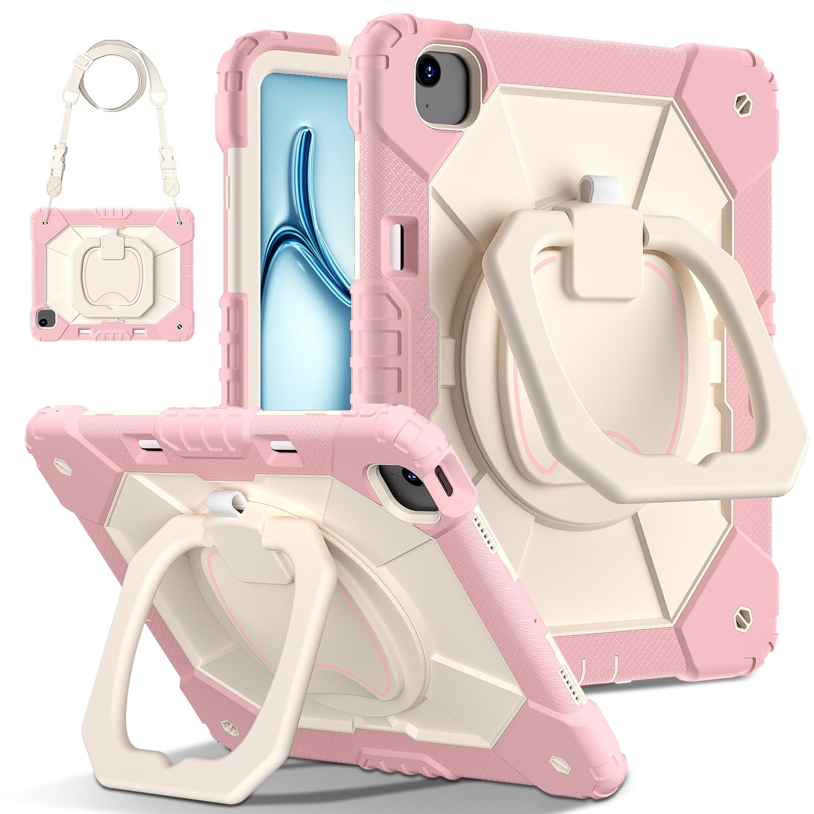 Stoßfeste Hülle for iPad Air 13 Zoll M4 M3 M2 (2026 2025 2024), robuste Schutzhülle mit drehbarem Ständer, klappbarem Griff, Schultergurt, Stifthalter(Rose Gold)