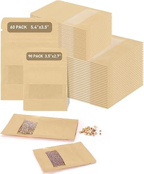 150 Pack Seed Packet Envelopes Resealable with Clear Window 2.8 x 3.5" 90 Pack and 3.5 x 5.4" 60 Pack, Gardening Seeds Saving Storage Bags for Plant Specimens, Jewelry, Dried Herbs, Samples