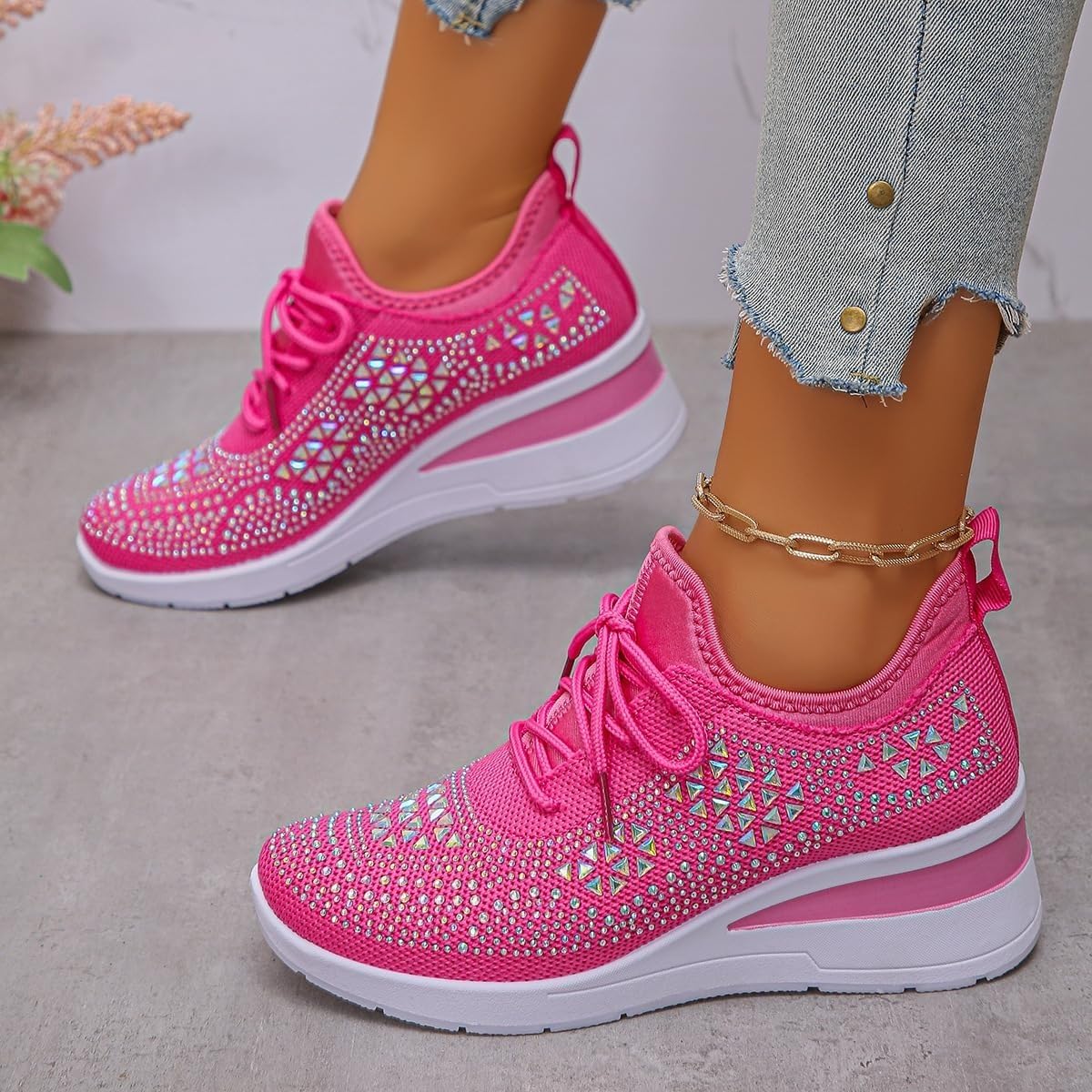 Tenis de cuña transpirables con diamantes de imitación brillantes para mujer, zapatos deportivos ortopédicos brillantes para boda, zapatos de tenis de punto