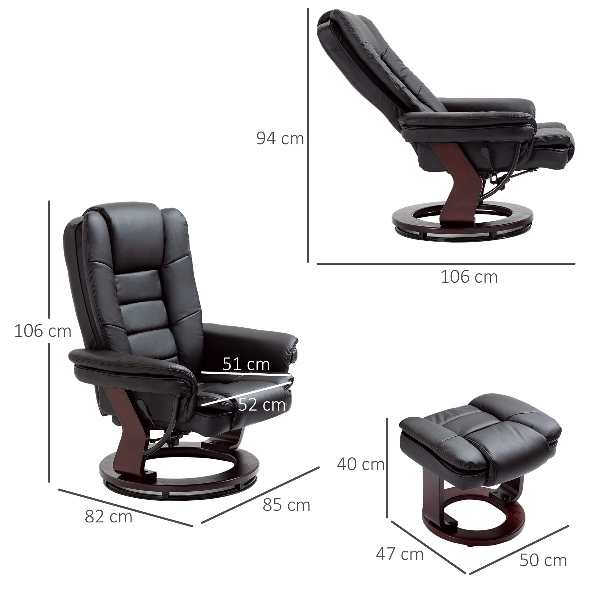 HOMCOM Poltrona con Poggiapiedi Reclinabile 135°, Poltrona Relax Ergonomica Girevole con Pouf, Poggiatesta e Braccioli in Pelle PU per Camera, Ufficio, Soggiorno e Salotto, 85x82x106 cm, Nero