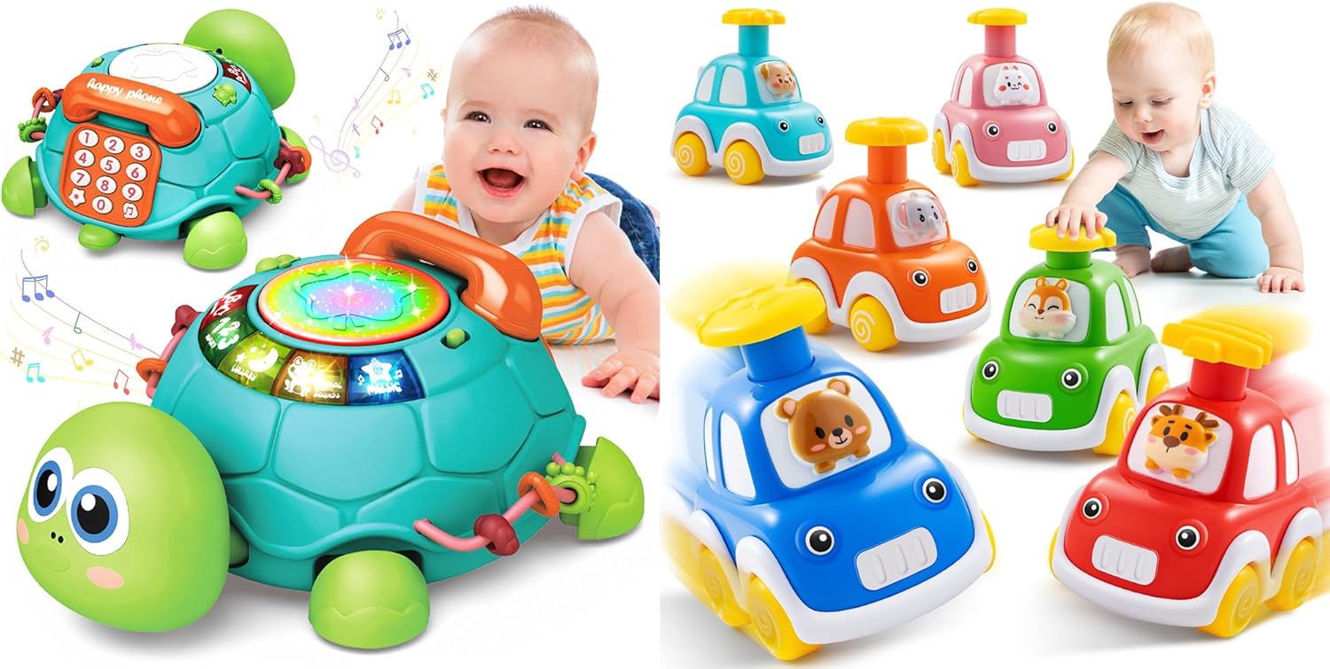 Baby Toys 6 to 12 Months, Musical Turtle Crawling Baby Toys for 12-18 Months, Press and Go Car Toddlers Toys for 1-2 Year Old Boy, 6 Pack Animal Baby Cars Toys for Age 0-2