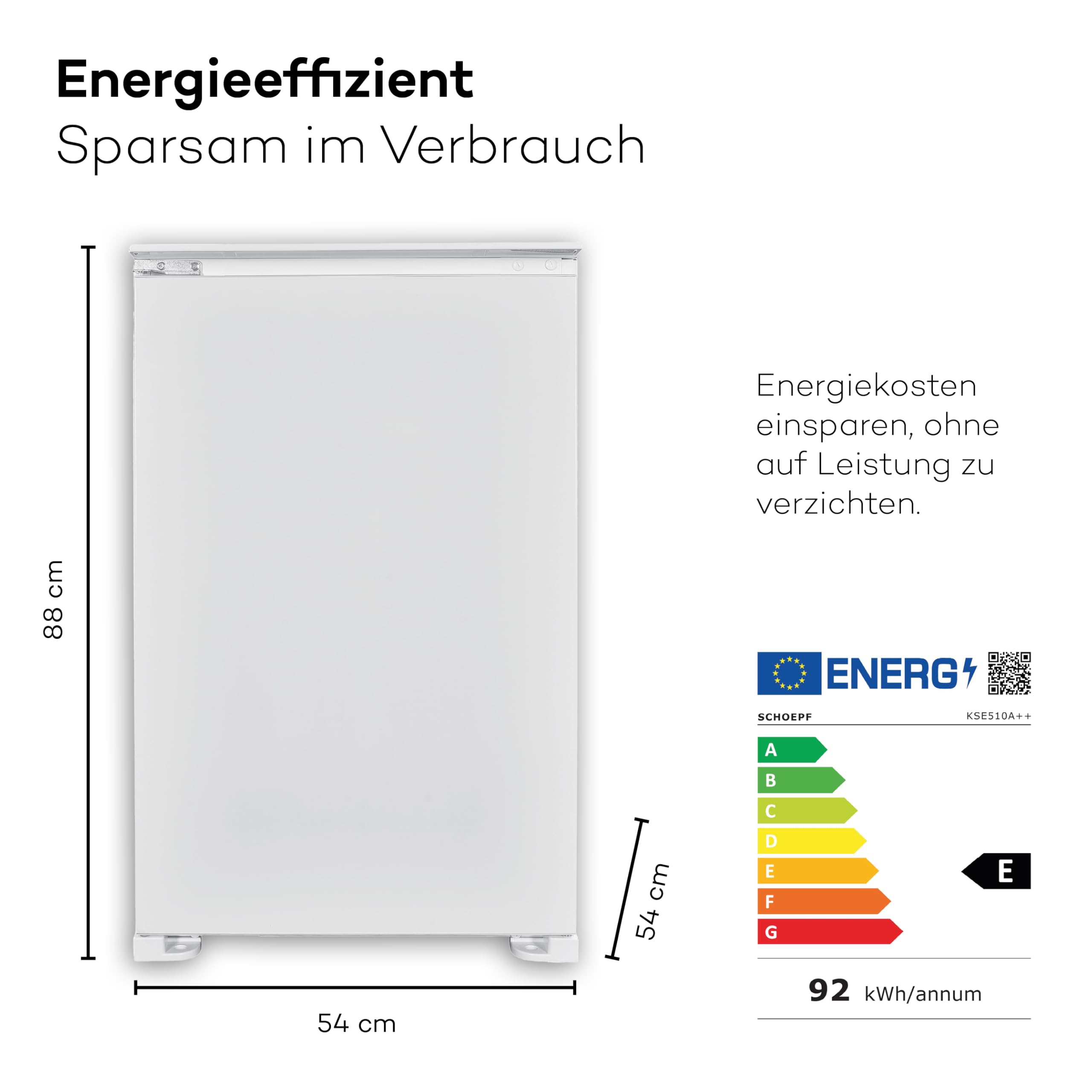 SCHOEPF – KSE510A++ Einbau-Kühlschrank 129 L – Leise 39 dB – Automatisches Abtauen – 88 x 54 x 54 cm – Wechselbarer Türanschlag – Vollraum-Kühlschrank mit Glasablagen und Gemüseschublade