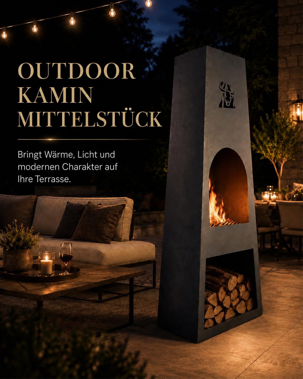 Komplett montierter Gartenkamin, Cortenstahl-Terrassenofen