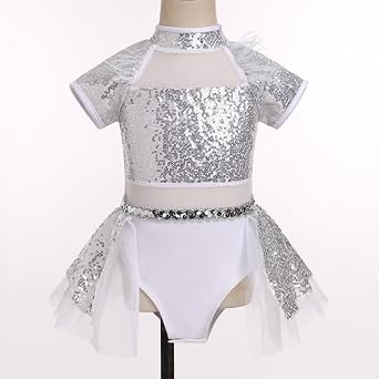 ODASDO Girls Shiny Sequins Ballet Dance Leotard Short Sleeve Feather Tutu Dress Hip Hop Latin Jazz Stage Performance Outfit
