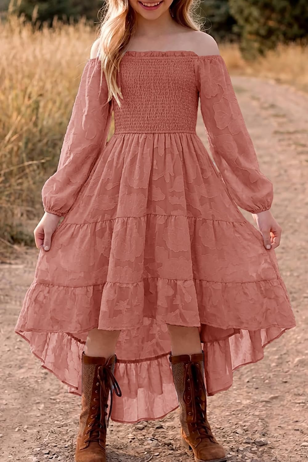 HOSIKA Girls Fall Dress High Low Hem Flowy Western Long Sleeve Boho Dresses