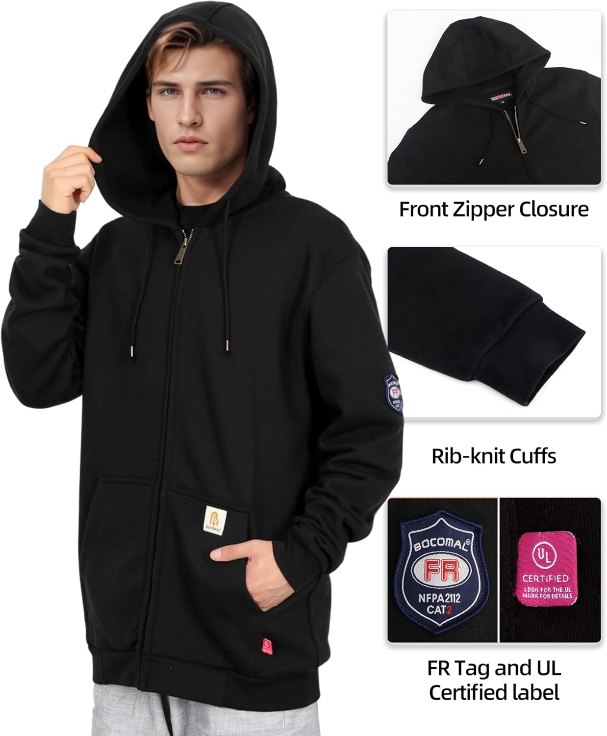 BOCOMAL FR Hoodies Zipper Front 10.5oz Cotton Fleece Flame Resistant Hooded Sweatshirts - Image 6