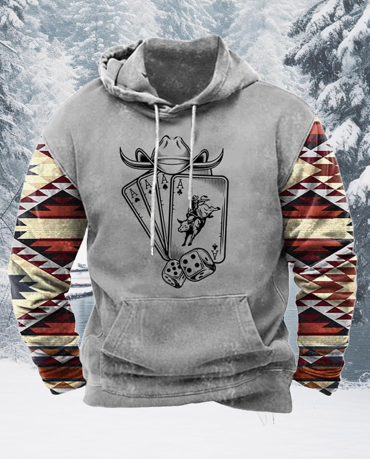 Western Hoodie for Men Aztec Cowboy Printed Drawstring Pullover Hooded Sweatshirt M... - Image 2