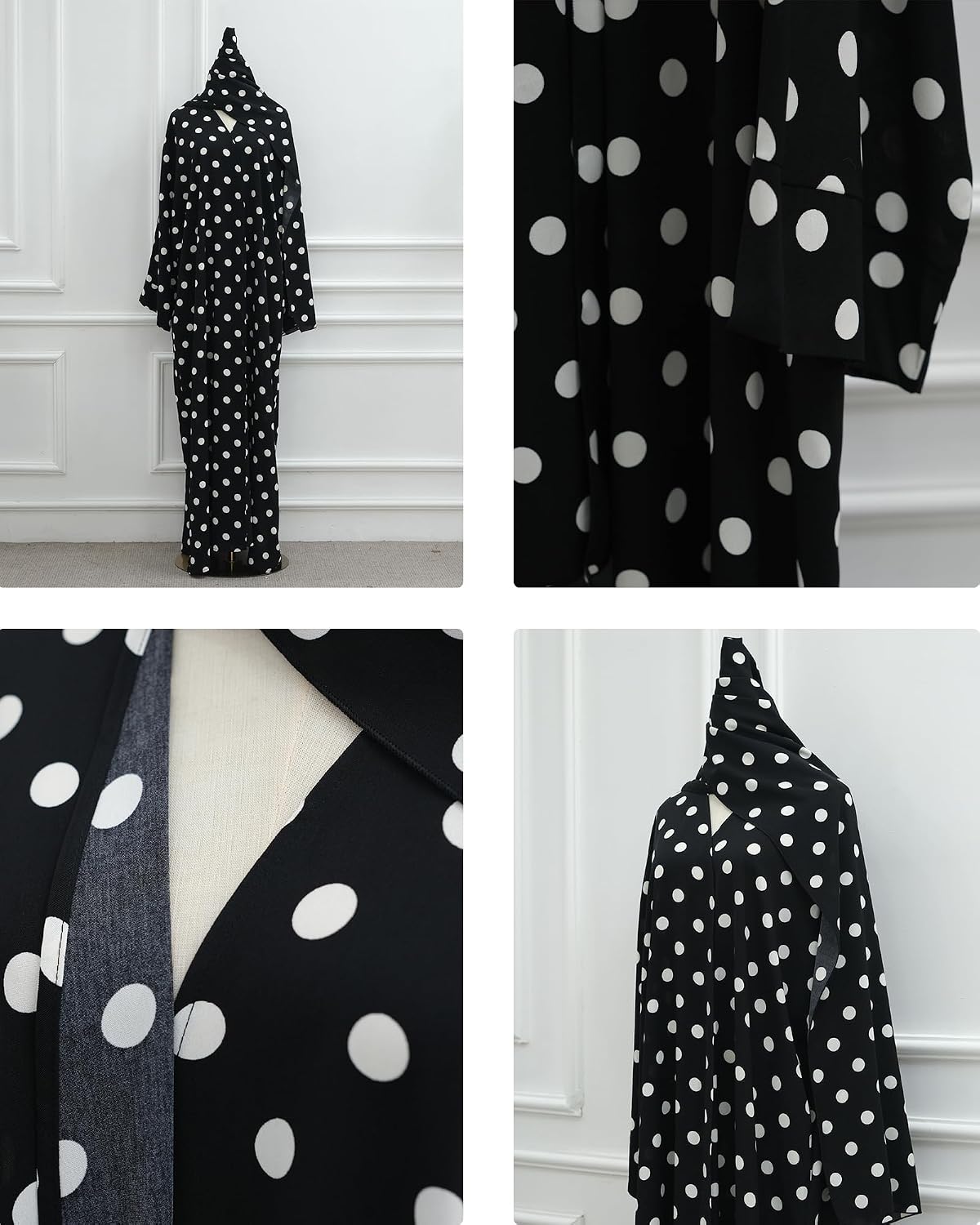 Elegant Polka Dot Abaya Cardigan Set, Muslim Modest Long Robe with Pockets & Matching Hijab, Skin-friendly, Full coverage