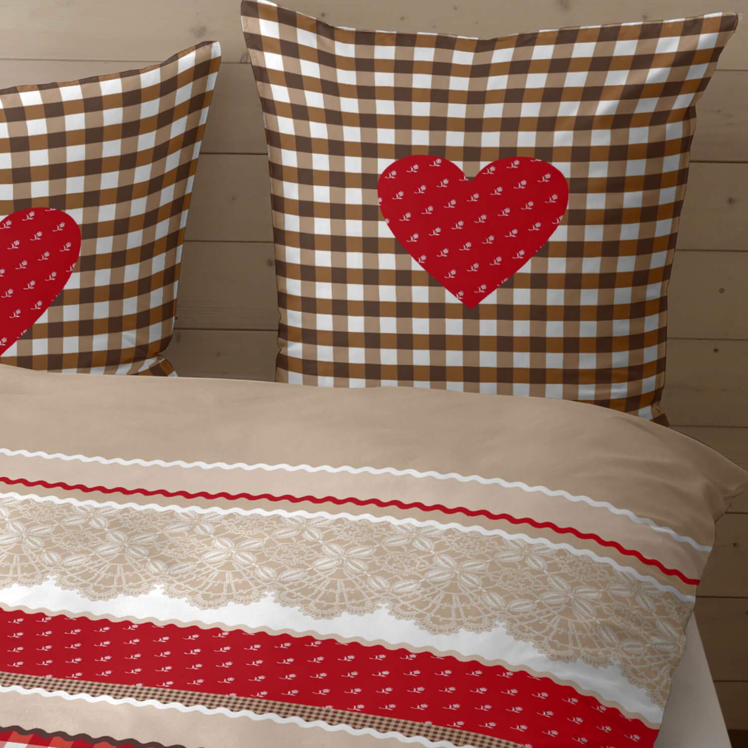 CASATEX Renforcé Bettwäsche Landhaus Rot Braun Baumwolle Herz Karo Kariert Romantik, Größe:155 cm x 220 cm