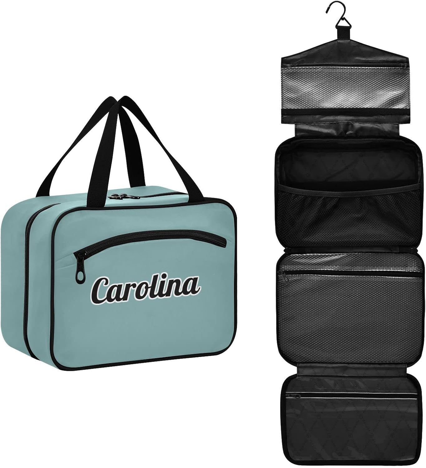 DOMIKING Teal Hanging Custom Toiletry Bag Portable Personalized Cosmetic Bags Travel Makeup Organizers Holders for Men Women Brushes Conditioner Medium