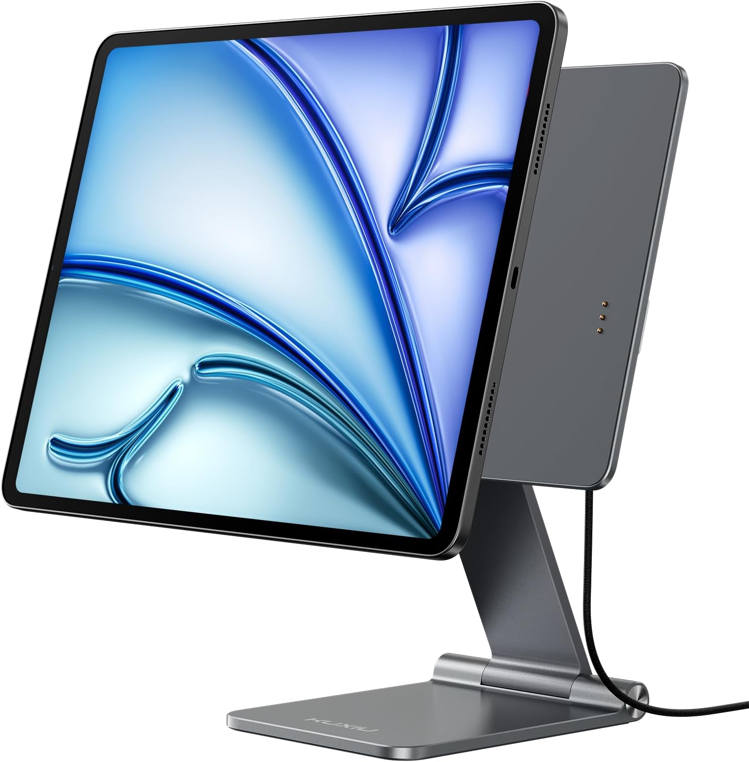 KU XIU X36 PRO MAX Magnetisch laadstation voor iPad Pro 11 inch M4 (2024), aluminium houder, 360° verstelbare tabletstandaard, drievoudig opvouwbare bureaustandaard met 2 m USB-C-kabel