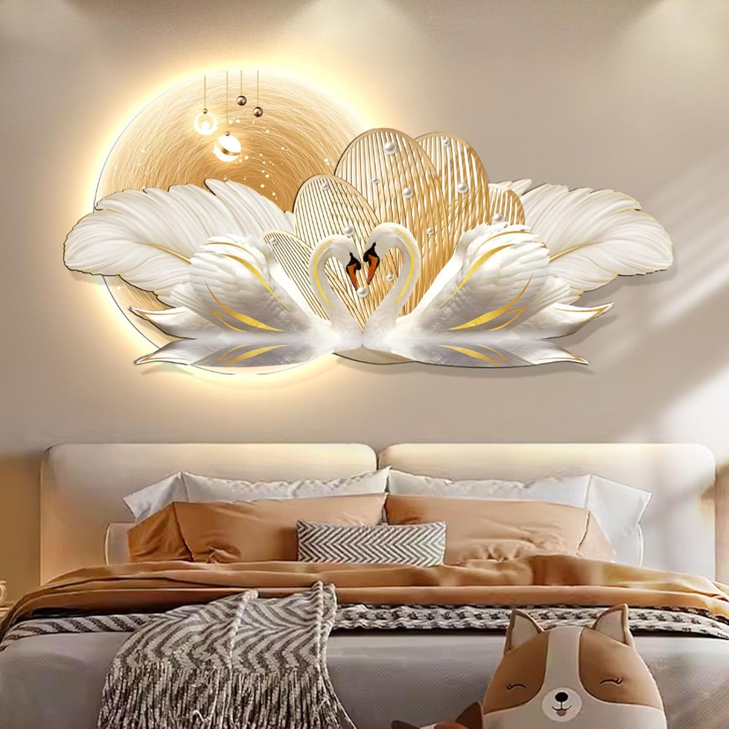 Feather Wall Decor,Plug-in 3D LED Art Painting,with Warm Light,Swan Feather Master Bedroom Decorative Painting,headboard Background Wall,Illuminated(A,120 * 60cm/47.2 * 23.6in)