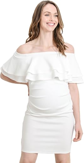 LaClef Women's Off Shoulder Maternity Dress with Double Ruffle (Off White, Small)