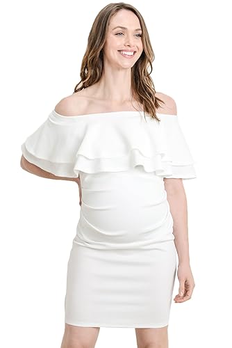 LaClef Women's Off Shoulder Maternity Dress with Double Ruffle