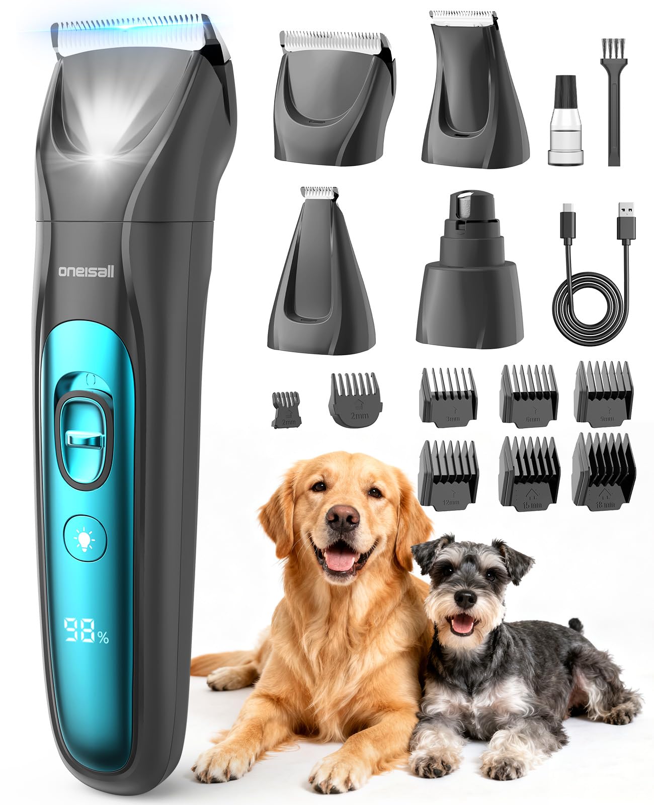 oneisall Quiet Dog Clippers for Grooming LED Light, Cordless Dog Grooming Kit 4 in 1, 2000mAh Pet Clippers Paw Trimmer Nail Grinder for Paw, Nail, Face, Ears, Legs, Body