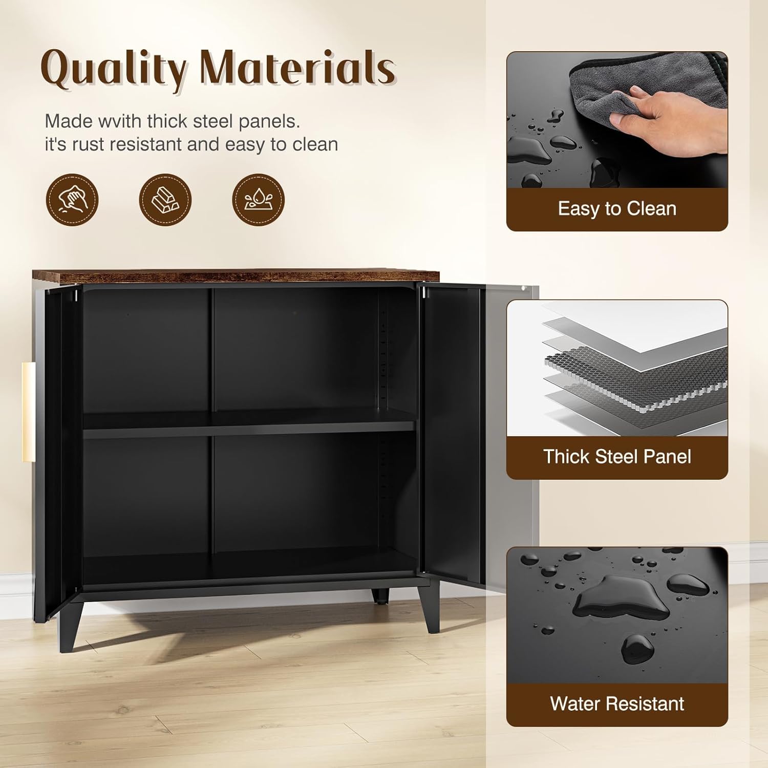 Letaya Metal Storage Cabinet with 2 Doors and Shelves 16" Dx 32" Wx30 H,Small Buffet Sideboard Short Cabinet for Kitchen Dining,Office Credenza Locker Modern Coffee Bar,Entryway Bathroom(Black)