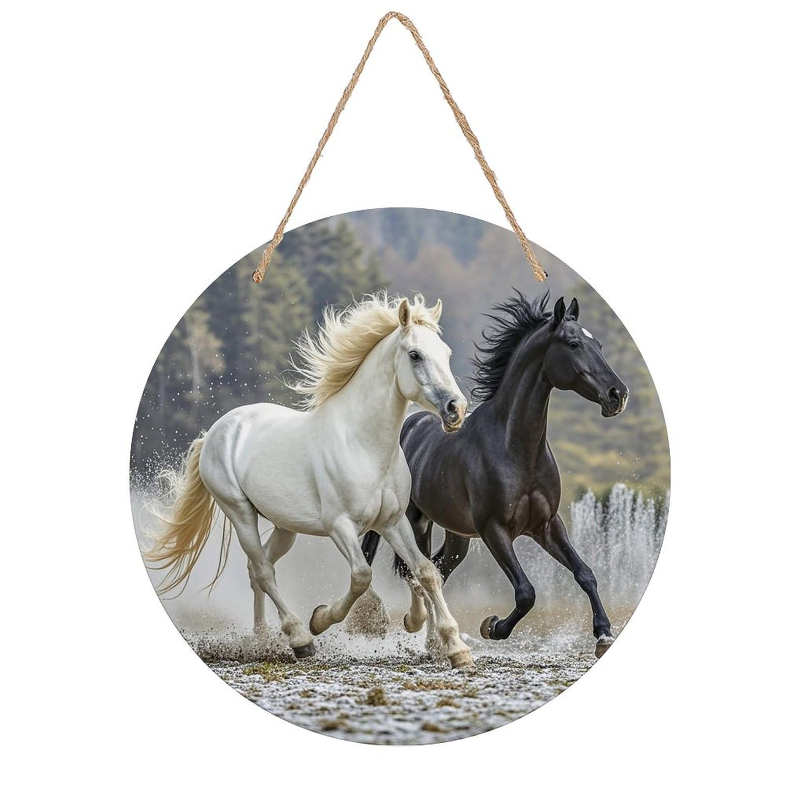 FekiLoot Round Black And White Horses Running Wall Art Decor Painting Wooden Hanging Sign with Ropes Bohemian Wall Hanging Retro Mid Century Modern Wall Art for Home Bedroom Living Room 7.9x7.9 in