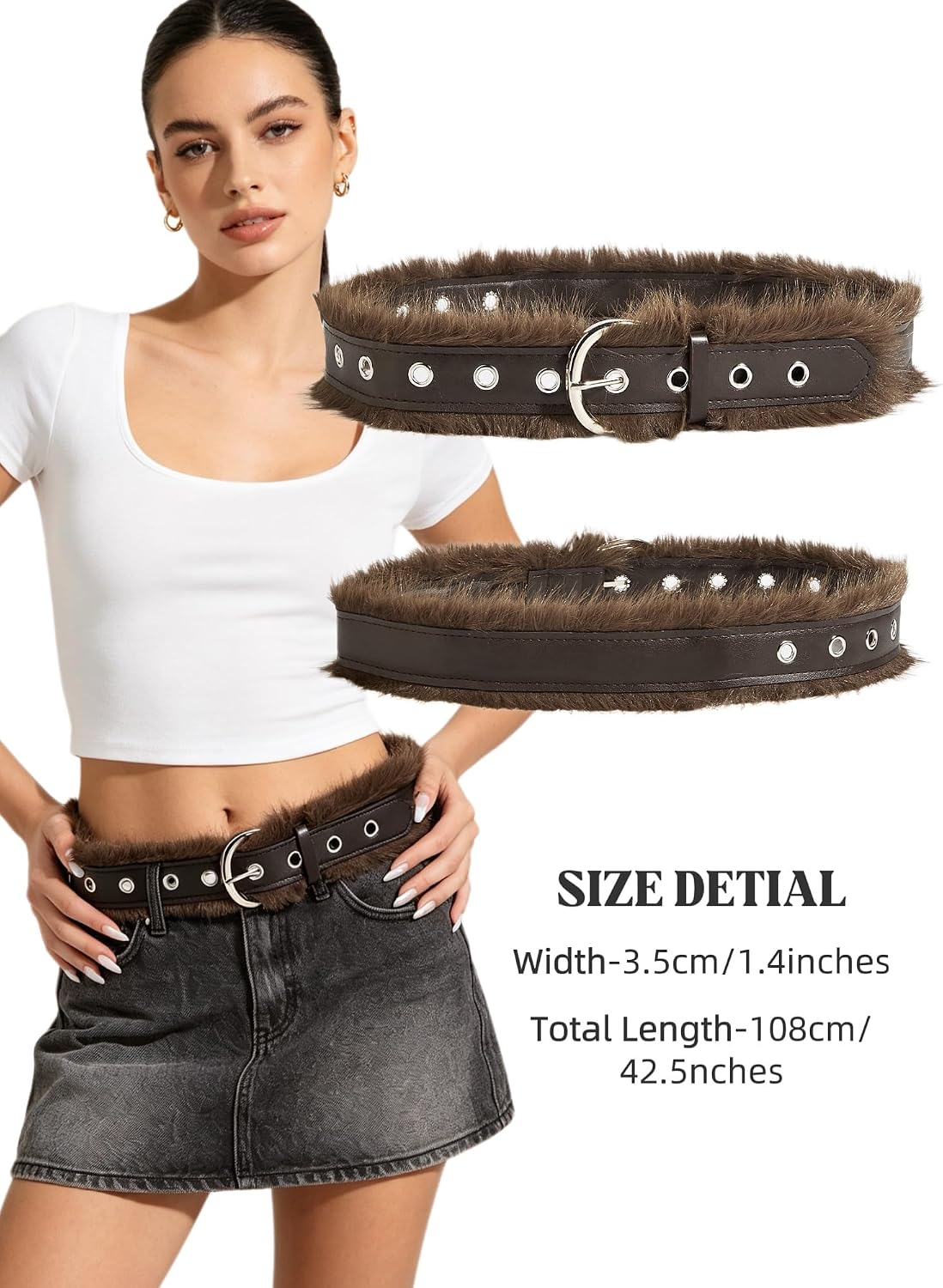 Women Faux Fur Leather Belt Adjustable Y2K Furry Trim Fashion Waist Belts Stylish Waistband for Pants Dresses