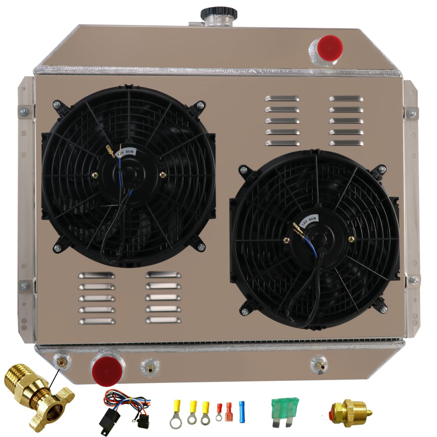 4 Row Aluminum Radiator Shroud Fan Relay For 1966-1979 67 Ford F100 F150 F250 F350 Bronco Truck 1975 1976 1977 1978 1979 68 69 70 71 72 73 74