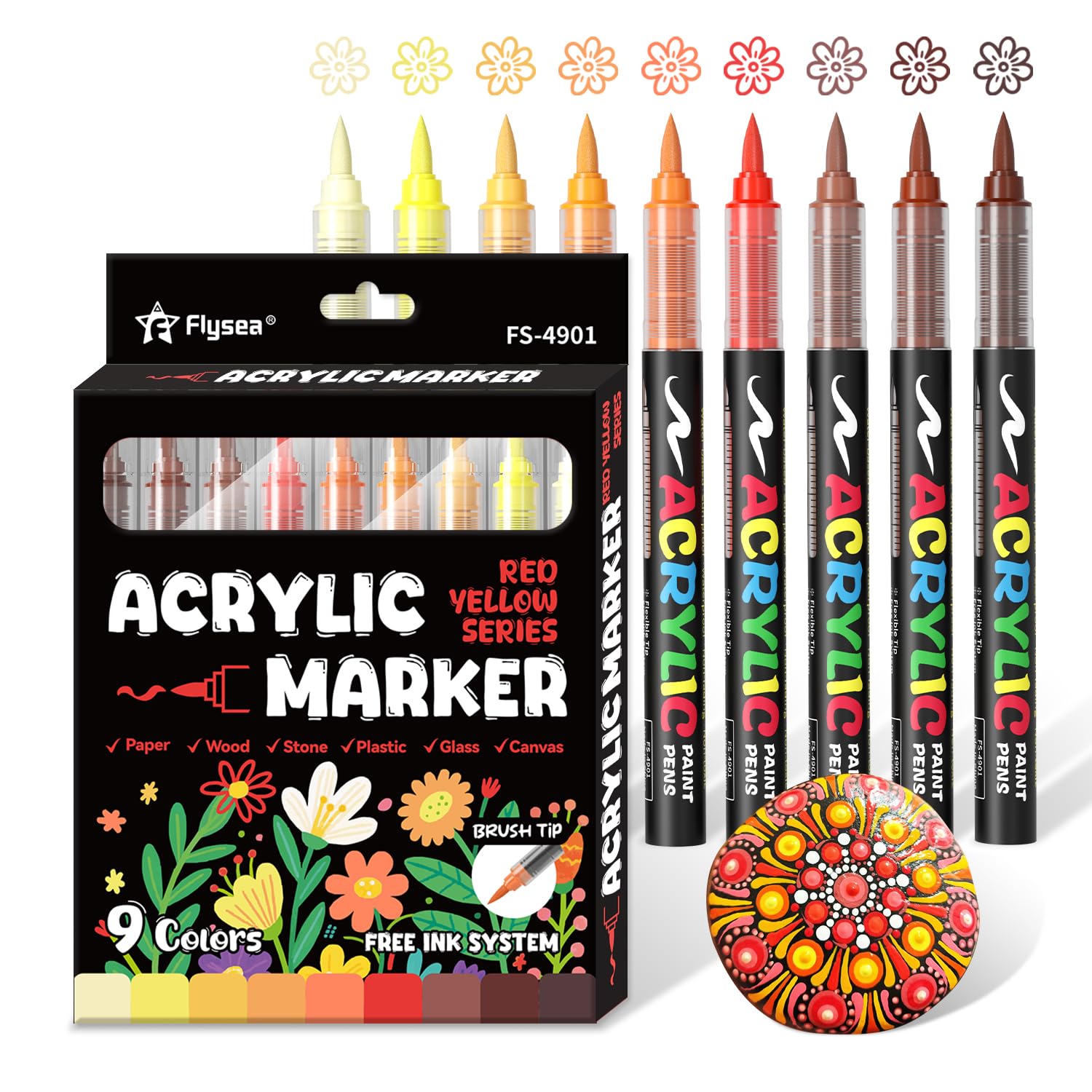 Alitastro 9 Red Yellow Series Paint Pens Waterproof Brush Tip Acrylic Markers