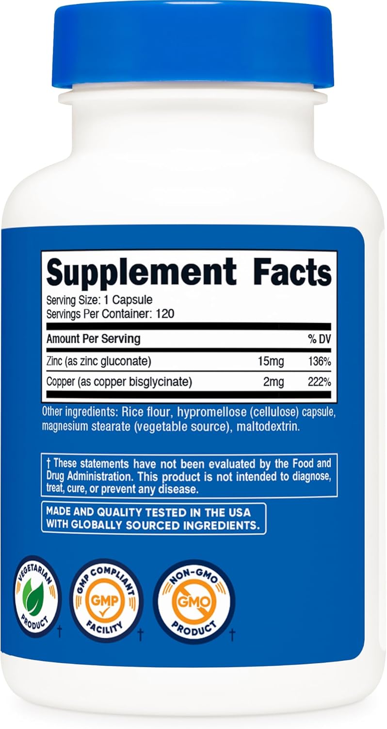 Nutricost Zinc + Copper Capsules (120 Servings)(15MG Zinc + 2MG Copper Per Serving) - Non GMO, Vegetarian - Image 5