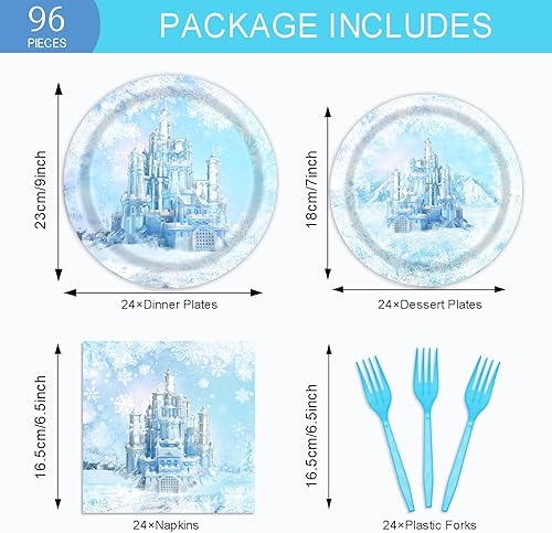 Miniatura 2 de 96 piezas de suministros de fiesta de Frozen para 24 invitados, castillos de hielo de invierno, platos de papel y servilletas, suministros de