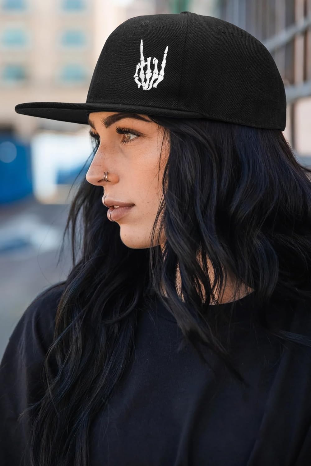 Gothic Skeleton Hand Flat Brim Hat Embroidery Skull Finger Cap Adjustable Snapback - Image 3