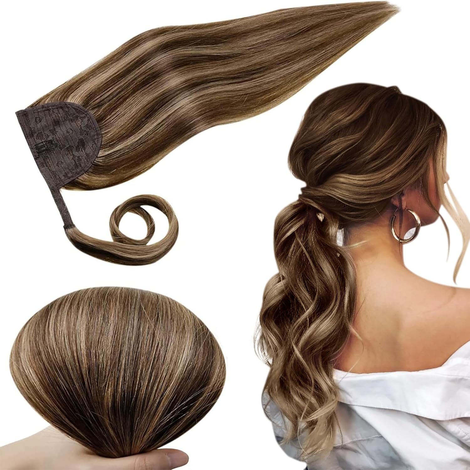 Amazon.com : RUNATURE Human Hair Ponytail Extension Brown Straight ...