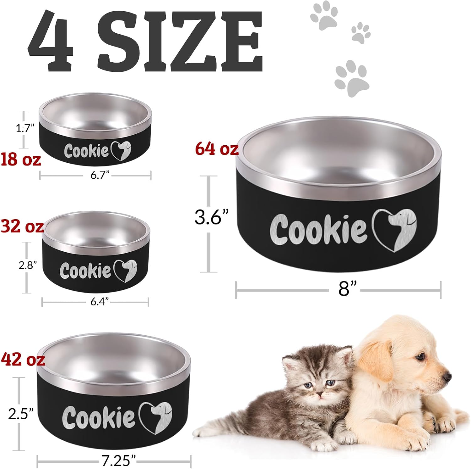 Generic Personalized Dog Bowl Custom Stainless Steel No Slip Bowls with Pet Name Engraved Customized Cat Dishes for Dry or Wet Food Feeding Supplies 64 oz (Black)