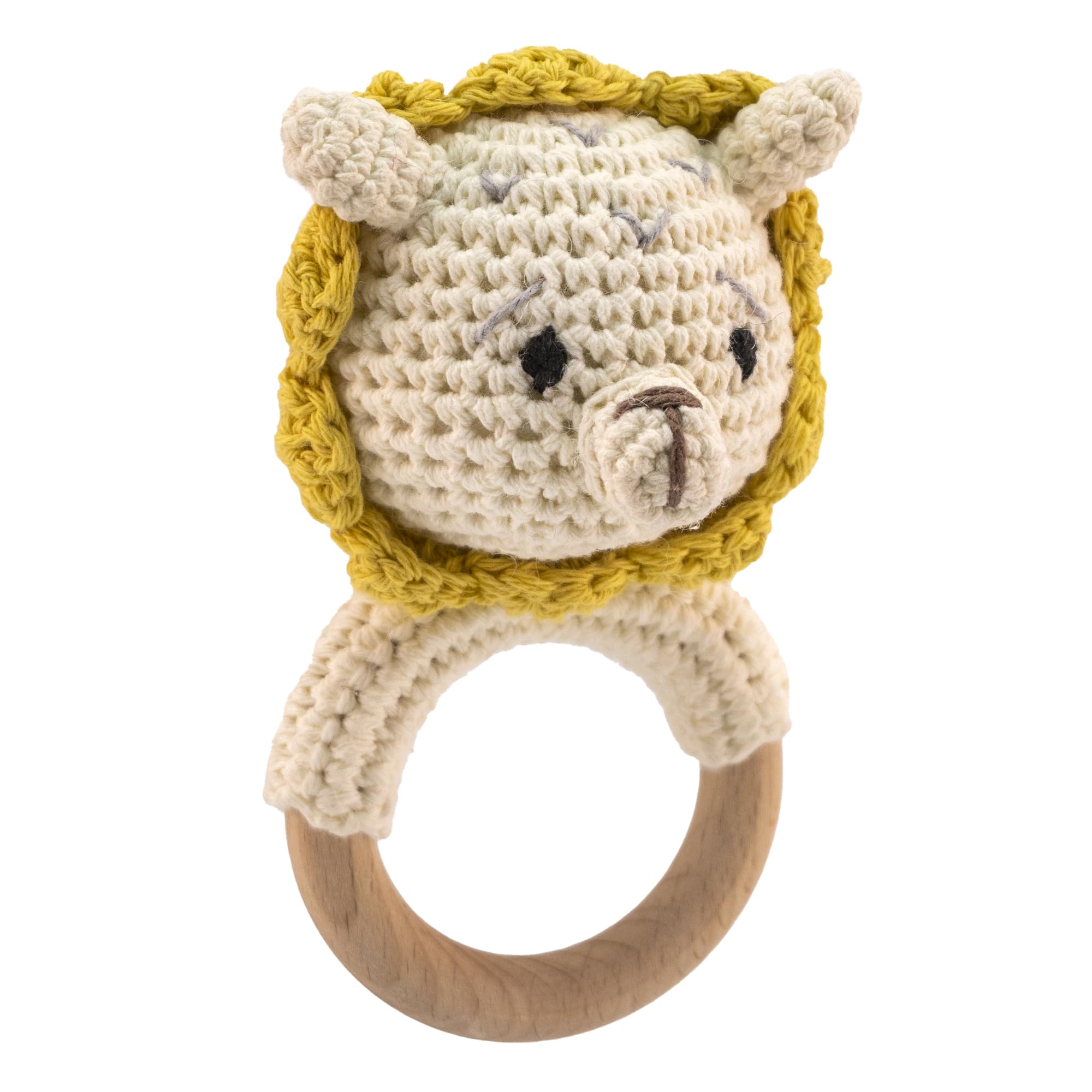 BABYZOCO Sonajero bebe, Sonajero de león, juguete recién nacido, sonajero madera, regalo para bebe, sonajero bebe recién nacido, mordedor de madera, Algodón y madera, Diseño león, 11 cm, Blanco