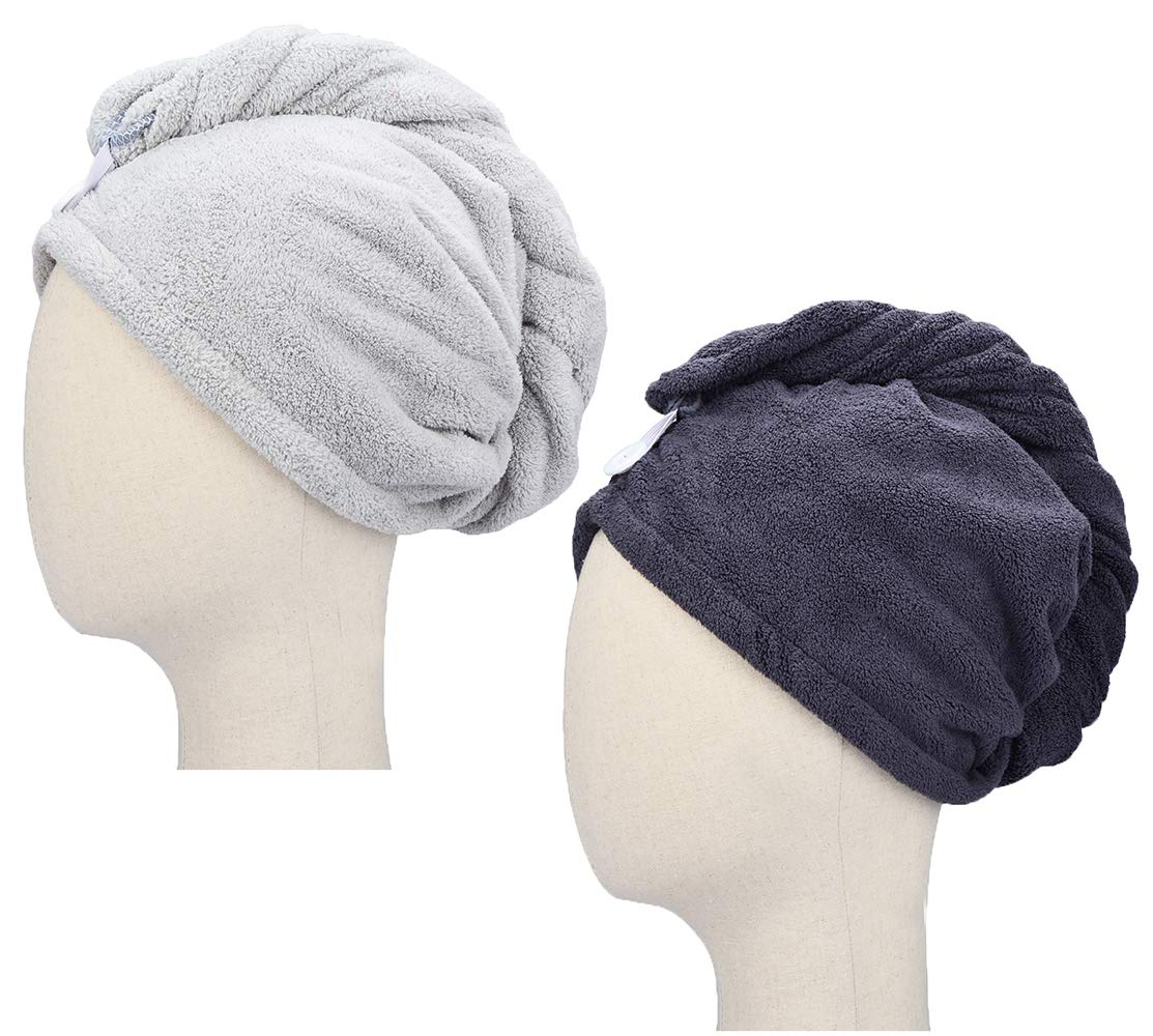 HOPESHINEMicrofiber Hair Drying Towel Turban Twist for Long Hair Magic Instant Dry Hair Towel Wrap Fast Drying Absorbent Cap Great Gift for Women and Girls 2-Pack Dark Grey + Light Grey