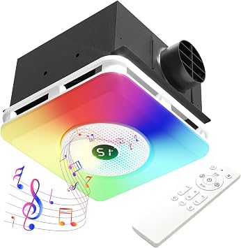 Baotree Bathroom Exhaust Fan with Bluetooth Speaker & LED Light, 7-Color RGB & 3CCT Adjustable Light, Powerful 230 CFM /1.5 Sones, Digital Display, Remote Control, Wall Switch White