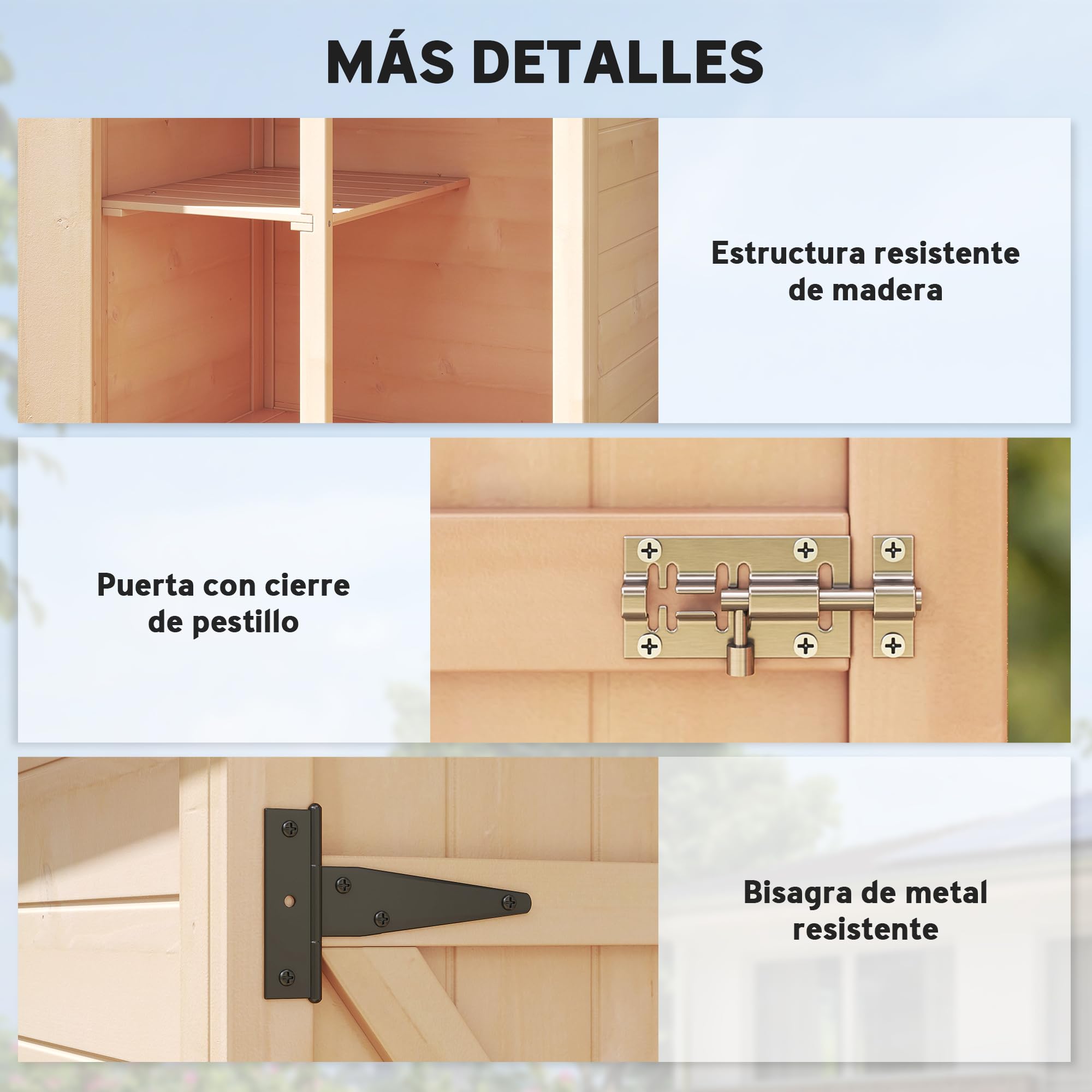 Outsunny Caseta de Jardín de Madera 75x56x115 cm Armario Cobertizo de Exterior para Herramientas con 3 Estantes Interiores Puerta con Pestillo y Techo Asfáltico Natural