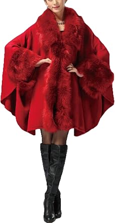 Womens Faux Fur Trim Cape Wool Blend Cloak Wedding Wraps and Shawls